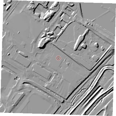 Shaded relief map of the ground around DA15PZ, computed from Environment Agency LiDAR. The ground here sits at about 4 m above sea level and falls 21 m across the surrounding 800 m. The ground contributing surface water to this point lies to the west-south-west.