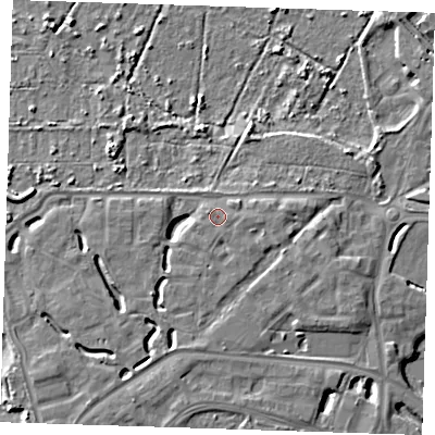 Shaded relief map of the ground around DA15QD, computed from Environment Agency LiDAR. The ground here sits at about 6 m above sea level and falls 8 m across the surrounding 800 m. Surface water reaching this point runs off ground lying to the south-south-west, 0.8 m higher.