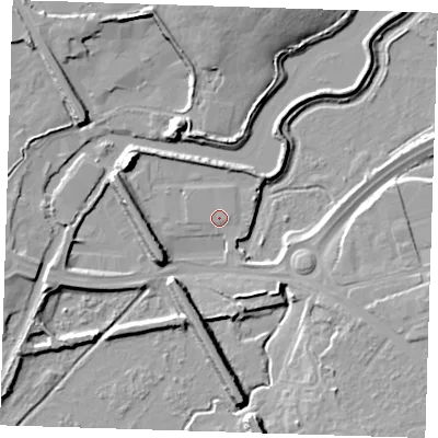 Shaded relief map of the ground around DA15QJ, computed from Environment Agency LiDAR. The ground here sits at about 4 m above sea level and falls 13 m across the surrounding 800 m. Surface water reaching this point runs off ground lying to the north-north-west, 1.1 m higher.