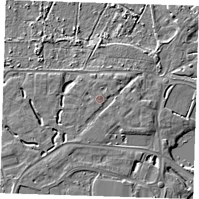 Shaded relief map of the ground around DA15QU, computed from Environment Agency LiDAR. The ground here sits at about 6 m above sea level and falls 8 m across the surrounding 800 m. Surface water reaching this point runs off ground lying to the south-west, 3.1 m higher.