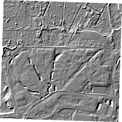 Shaded relief map of the ground around DA15RB, computed from Environment Agency LiDAR. The ground here sits at about 6 m above sea level and falls 8 m across the surrounding 800 m. Surface water reaching this point runs off ground lying to the south, 1.2 m higher.