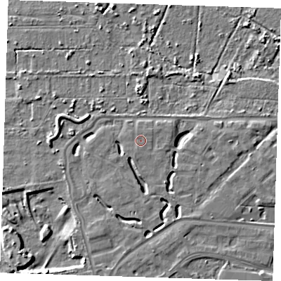 Shaded relief map of the ground around DA15RE, computed from Environment Agency LiDAR. The ground here sits at about 6 m above sea level and falls 8 m across the surrounding 800 m. Surface water reaching this point runs off ground lying to the south-south-west, 0.7 m higher.