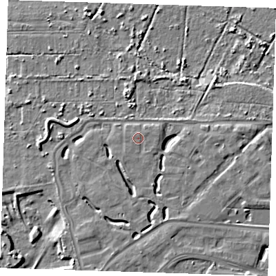 Shaded relief map of the ground around DA15RF, computed from Environment Agency LiDAR. The ground here sits at about 6 m above sea level and falls 8 m across the surrounding 800 m. Surface water reaching this point runs off ground lying to the north-north-east, 0.7 m higher.