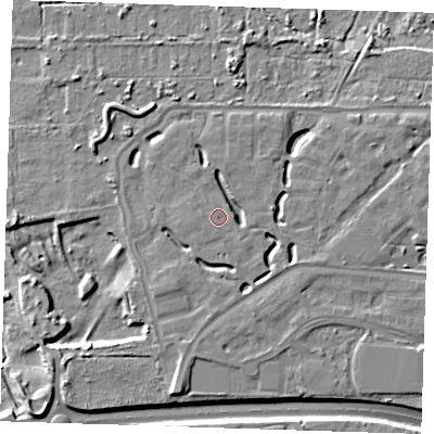 Shaded relief map of the ground around DA15RR, computed from Environment Agency LiDAR. The ground here sits at about 6 m above sea level and falls 9 m across the surrounding 800 m. Surface water reaching this point runs off ground lying to the south, 3.1 m higher.