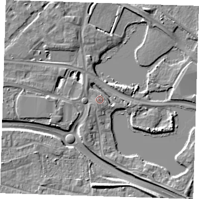 Shaded relief map of the ground around DA15RT, computed from Environment Agency LiDAR. The ground here sits at about 5 m above sea level and falls 9 m across the surrounding 800 m. Surface water reaching this point runs off ground lying to the south-west, 3.6 m higher.