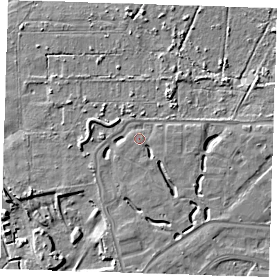 Shaded relief map of the ground around DA15RW, computed from Environment Agency LiDAR. The ground here sits at about 6 m above sea level and falls 8 m across the surrounding 800 m. Surface water reaching this point runs off ground lying to the south, 4.4 m higher.