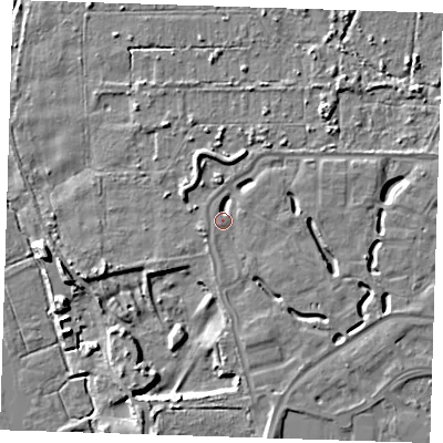 Shaded relief map of the ground around DA15RX, computed from Environment Agency LiDAR. The ground here sits at about 6 m above sea level and falls 9 m across the surrounding 800 m. Surface water reaching this point runs off ground lying to the south-south-east, 3.6 m higher.