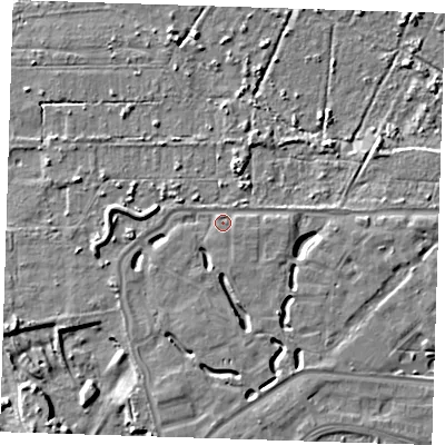 Shaded relief map of the ground around DA15SF, computed from Environment Agency LiDAR. The ground here sits at about 6 m above sea level and falls 8 m across the surrounding 800 m. Surface water reaching this point runs off ground lying to the south-south-west, 4.9 m higher.