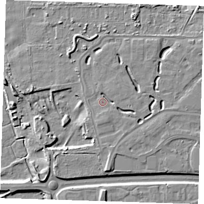 Shaded relief map of the ground around DA15SW, computed from Environment Agency LiDAR. The ground here sits at about 7 m above sea level and falls 9 m across the surrounding 800 m. Surface water reaching this point runs off ground lying to the south-south-east, 3.4 m higher.