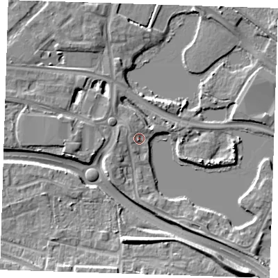 Shaded relief map of the ground around DA15SX, computed from Environment Agency LiDAR. The ground here sits at about 4 m above sea level and falls 9 m across the surrounding 800 m. Surface water reaching this point runs off ground lying to the north-west, 2.1 m higher.