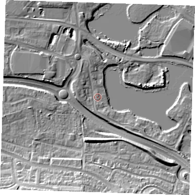 Shaded relief map of the ground around DA15SY, computed from Environment Agency LiDAR. The ground here sits at about 4 m above sea level and falls 15 m across the surrounding 800 m. Surface water reaching this point runs off ground lying to the west, 2.3 m higher.