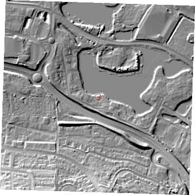 Shaded relief map of the ground around DA15SZ, computed from Environment Agency LiDAR. The ground here sits at about 4 m above sea level and falls 21 m across the surrounding 800 m. Surface water reaching this point runs off ground lying to the south-east, 4.3 m higher.
