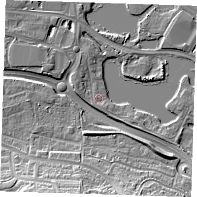 Shaded relief map of the ground around DA15TA, computed from Environment Agency LiDAR. The ground here sits at about 4 m above sea level and falls 17 m across the surrounding 800 m. Surface water reaching this point runs off ground lying to the south-south-east, 1.9 m higher.