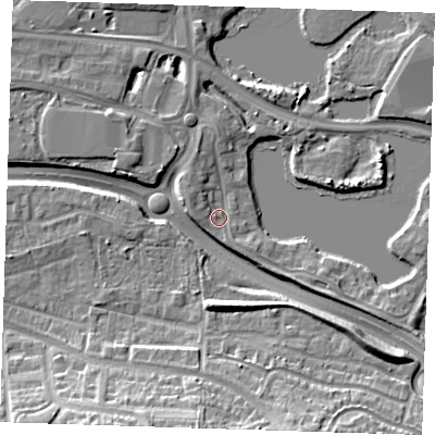 Shaded relief map of the ground around DA15TB, computed from Environment Agency LiDAR. The ground here sits at about 4 m above sea level and falls 16 m across the surrounding 800 m. Surface water reaching this point runs off ground lying to the west, 2.3 m higher.