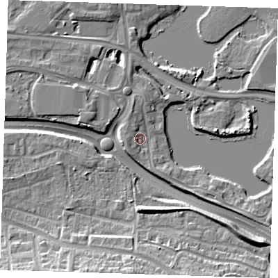 Shaded relief map of the ground around DA15TD, computed from Environment Agency LiDAR. The ground here sits at about 4 m above sea level and falls 13 m across the surrounding 800 m. Surface water reaching this point runs off ground lying to the west, 2.6 m higher.