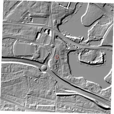 Shaded relief map of the ground around DA15TE, computed from Environment Agency LiDAR. The ground here sits at about 5 m above sea level and falls 9 m across the surrounding 800 m. Surface water reaching this point runs off ground lying to the north-west, 2.2 m higher.