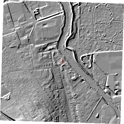 Shaded relief map of the ground around DA15TL, computed from Environment Agency LiDAR. The ground here sits at about 5 m above sea level and falls 16 m across the surrounding 800 m. Surface water reaching this point runs off ground lying to the west-south-west, 4.8 m higher.