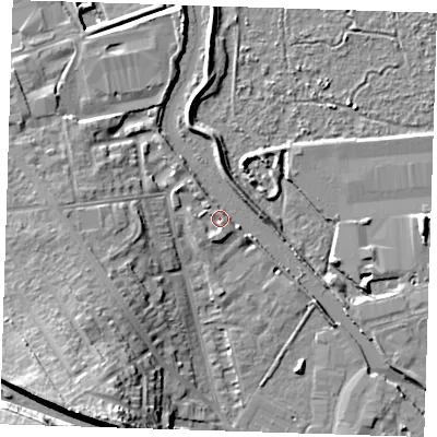 Shaded relief map of the ground around DA15TN, computed from Environment Agency LiDAR. The ground here sits at about 5 m above sea level and falls 20 m across the surrounding 800 m. Surface water reaching this point runs off ground lying to the north-east, 2.9 m higher.