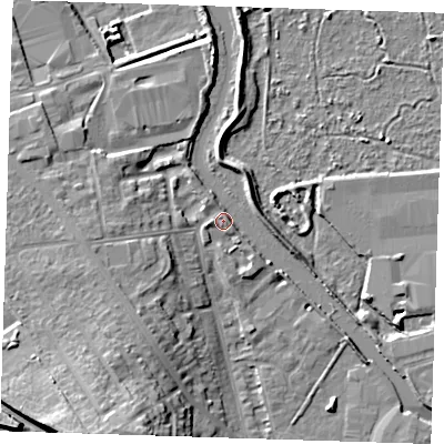 Shaded relief map of the ground around DA15TP, computed from Environment Agency LiDAR. The ground here sits at about 5 m above sea level and falls 17 m across the surrounding 800 m. Surface water reaching this point runs off ground lying to the east-south-east, 2.9 m higher.
