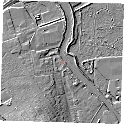 Shaded relief map of the ground around DA15TQ, computed from Environment Agency LiDAR. The ground here sits at about 5 m above sea level and falls 14 m across the surrounding 800 m. Surface water reaching this point runs off ground lying to the west-south-west, 4.8 m higher.