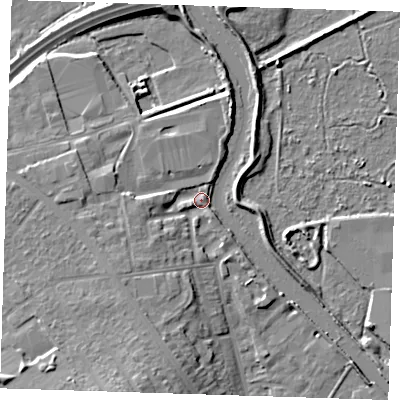Shaded relief map of the ground around DA15TR, computed from Environment Agency LiDAR. The ground here sits at about 5 m above sea level and falls 12 m across the surrounding 800 m. Surface water reaching this point runs off ground lying to the south-west, 4.8 m higher.
