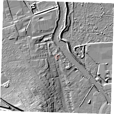 Shaded relief map of the ground around DA15TS, computed from Environment Agency LiDAR. The ground here sits at about 5 m above sea level and falls 18 m across the surrounding 800 m. Surface water reaching this point runs off ground lying to the south-west, 6.0 m higher.
