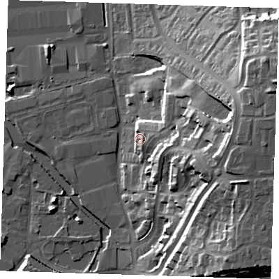 Shaded relief map of the ground around DA15TY, computed from Environment Agency LiDAR. The ground here sits at about 10 m above sea level and falls 34 m across the surrounding 800 m. Surface water reaching this point runs off ground lying to the east-north-east, 19.6 m higher.
