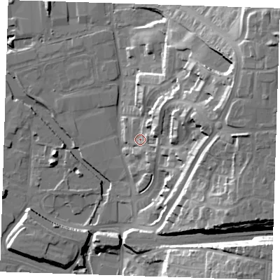 Shaded relief map of the ground around DA15UH, computed from Environment Agency LiDAR. The ground here sits at about 8 m above sea level and falls 34 m across the surrounding 800 m. Surface water reaching this point runs off ground lying to the east-north-east, 23.6 m higher.