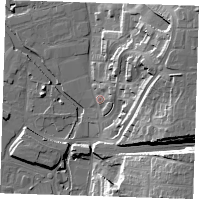 Shaded relief map of the ground around DA15UN, computed from Environment Agency LiDAR. The ground here sits at about 7 m above sea level and falls 33 m across the surrounding 800 m. Surface water reaching this point runs off ground lying to the east-north-east, 6.0 m higher.