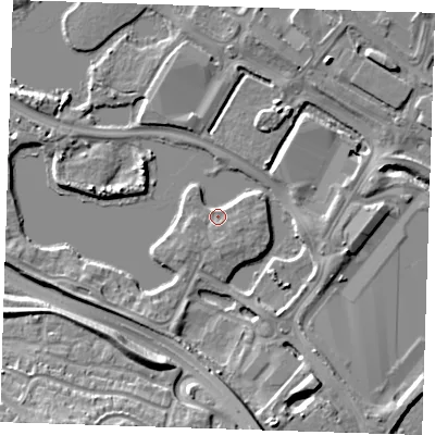 Shaded relief map of the ground around DA15UP, computed from Environment Agency LiDAR. The ground here sits at about 3 m above sea level and falls 14 m across the surrounding 800 m. Surface water reaching this point runs off ground lying to the south, 9.4 m higher.