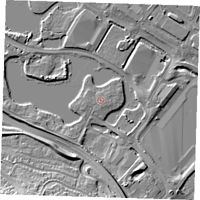 Shaded relief map of the ground around DA15UQ, computed from Environment Agency LiDAR. The ground here sits at about 4 m above sea level and falls 16 m across the surrounding 800 m. Surface water reaching this point runs off ground lying to the south-south-east, 1.0 m higher.