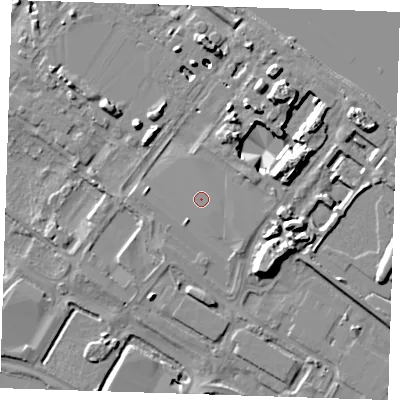 Shaded relief map of the ground around DA15UR, computed from Environment Agency LiDAR. The ground here sits at about 6 m above sea level and falls 13 m across the surrounding 800 m. Surface water reaching this point runs off ground lying to the east-north-east, 0.5 m higher.