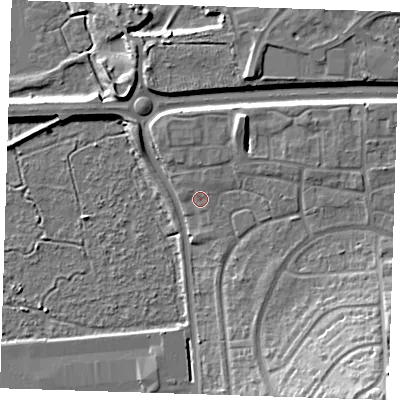 Shaded relief map of the ground around DA15UU, computed from Environment Agency LiDAR. The ground here sits at about 6 m above sea level and falls 22 m across the surrounding 800 m. Surface water reaching this point runs off ground lying to the north-north-east, 1.5 m higher.