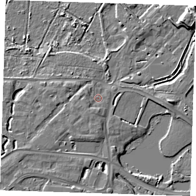 Shaded relief map of the ground around DA15UW, computed from Environment Agency LiDAR. The ground here sits at about 4 m above sea level and falls 11 m across the surrounding 800 m. Surface water reaching this point runs off ground lying to the west, 2.6 m higher.