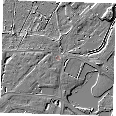 Shaded relief map of the ground around DA15UX, computed from Environment Agency LiDAR. The ground here sits at about 3 m above sea level and falls 11 m across the surrounding 800 m. Surface water reaching this point runs off ground lying to the west-south-west, 4.4 m higher.