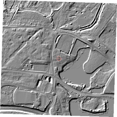 Shaded relief map of the ground around DA15UY, computed from Environment Agency LiDAR. The ground here sits at about 4 m above sea level and falls 9 m across the surrounding 800 m. Surface water reaching this point runs off ground lying to the west-north-west, 1.3 m higher.