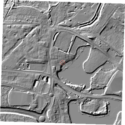 Shaded relief map of the ground around DA15UZ, computed from Environment Agency LiDAR. The ground here sits at about 3 m above sea level and falls 9 m across the surrounding 800 m. Surface water reaching this point runs off ground lying to the west, 4.9 m higher.