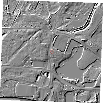 Shaded relief map of the ground around DA15WF, computed from Environment Agency LiDAR. The ground here sits at about 5 m above sea level and falls 9 m across the surrounding 800 m. Surface water reaching this point runs off ground lying to the west, 1.9 m higher.
