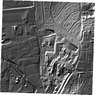 Shaded relief map of the ground around DA15WQ, computed from Environment Agency LiDAR. The ground here sits at about 8 m above sea level and falls 34 m across the surrounding 800 m. Surface water reaching this point runs off ground lying to the east, 25.2 m higher.