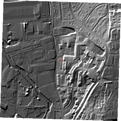 Shaded relief map of the ground around DA15WR, computed from Environment Agency LiDAR. The ground here sits at about 5 m above sea level and falls 33 m across the surrounding 800 m. Surface water reaching this point runs off ground lying to the east, 28.4 m higher.