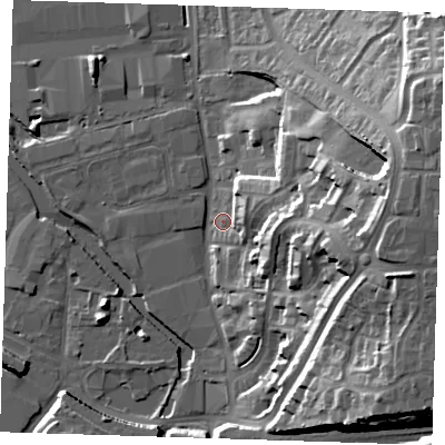 Shaded relief map of the ground around DA15WS, computed from Environment Agency LiDAR. The ground here sits at about 5 m above sea level and falls 33 m across the surrounding 800 m. Surface water reaching this point runs off ground lying to the east-north-east, 7.5 m higher.