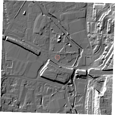 Shaded relief map of the ground around DA15WU, computed from Environment Agency LiDAR. The ground here sits at about 4 m above sea level and falls 29 m across the surrounding 800 m. Surface water reaching this point runs off ground lying to the south-south-east, 7.4 m higher.