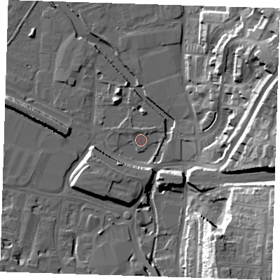 Shaded relief map of the ground around DA15WW, computed from Environment Agency LiDAR. The ground here sits at about 4 m above sea level and falls 29 m across the surrounding 800 m. Surface water reaching this point runs off ground lying to the south-south-west, 7.0 m higher.