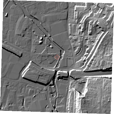 Shaded relief map of the ground around DA15WX, computed from Environment Agency LiDAR. The ground here sits at about 4 m above sea level and falls 31 m across the surrounding 800 m. Surface water reaching this point runs off ground lying to the south-south-west, 6.9 m higher.