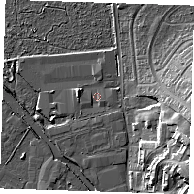 Shaded relief map of the ground around DA15XA, computed from Environment Agency LiDAR. The ground here sits at about 3 m above sea level and falls 28 m across the surrounding 800 m. Surface water reaching this point runs off ground lying to the west, 4.6 m higher.