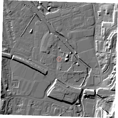 Shaded relief map of the ground around DA15XE, computed from Environment Agency LiDAR. The ground here sits at about 4 m above sea level and falls 28 m across the surrounding 800 m. Surface water reaching this point runs off ground lying to the east-north-east, 6.2 m higher.