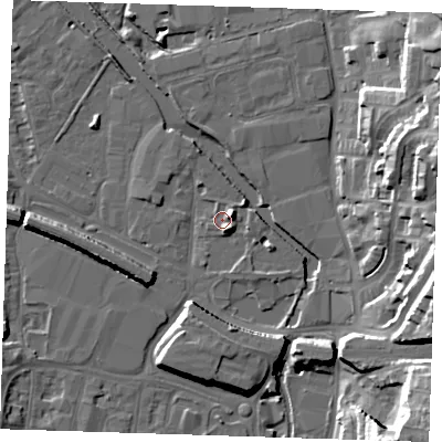 Shaded relief map of the ground around DA15XF, computed from Environment Agency LiDAR. The ground here sits at about 5 m above sea level and falls 27 m across the surrounding 800 m. Surface water reaching this point runs off ground lying to the east-north-east, 5.5 m higher.