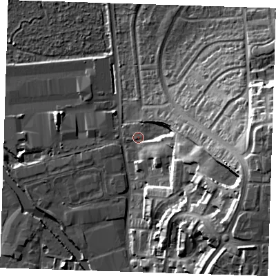 Shaded relief map of the ground around DA15XR, computed from Environment Agency LiDAR. The ground here sits at about 6 m above sea level and falls 33 m across the surrounding 800 m. Surface water reaching this point runs off ground lying to the east-south-east, 27.1 m higher.