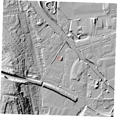 Shaded relief map of the ground around DA15XS, computed from Environment Agency LiDAR. The ground here sits at about 3 m above sea level and falls 28 m across the surrounding 800 m. Surface water reaching this point runs off ground lying to the west-south-west, 12.9 m higher.