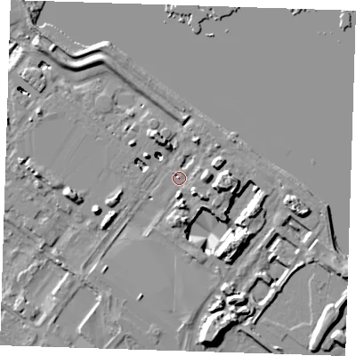Shaded relief map of the ground around DA15XU, computed from Environment Agency LiDAR. The ground here sits at about 5 m above sea level and falls 14 m across the surrounding 800 m. Surface water reaching this point runs off ground lying to the east-south-east, 5.7 m higher.